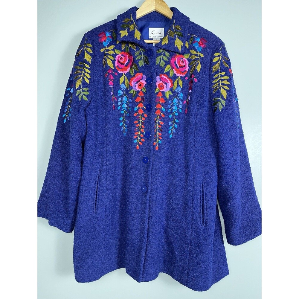 Linea by Louis Dell'Olio Floral Embroidered Boucle Wool Blend Coat XL Boho Y2K